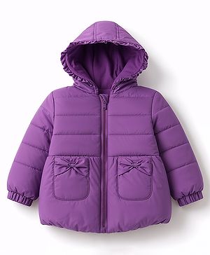 Babyhug Woven Full Sleeves Solid Colour Hooded Padded Jacket with Bow Applique - Purple