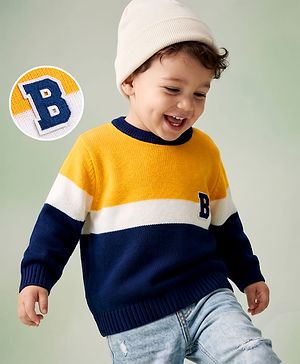 Babyhug Knit Full Sleeves Striped Pullover Sweater With Patch - Yellow