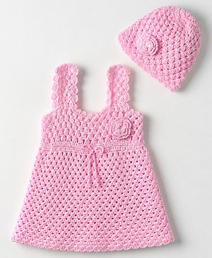 Babyhug Premium Woolen Dress with Sleeveless and Flower Applique & Cap in Pink