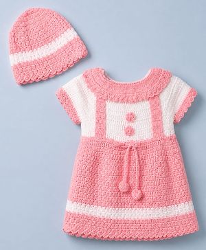 Babyhug Woolen Dress and Cap with Full Sleeves and Floral Design in Pink