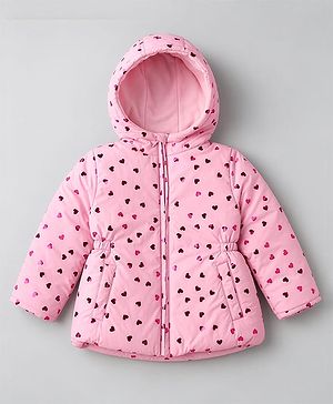 Babyhug Woven Hooded Padded Quilted Winter Hoodie with Full Sleeves and Hearts Foil Print - Pink