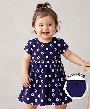 Babyhug Single Jersey Knit Half Sleeves Floral Printed Frock With Bloomer - Navy Blue