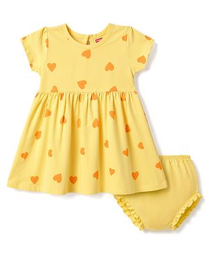 Babyhug Single Jersey Knit Half Sleeves Heart Printed Frock with Bloomer - Yellow