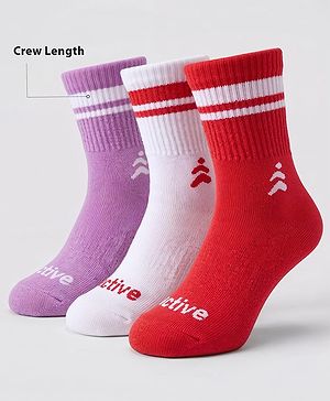 Pine Active Cotton Lycra Knit Terry Breathable Crew Length Athletic Socks With Text Design Pack of 3 - White, Lilac & Red