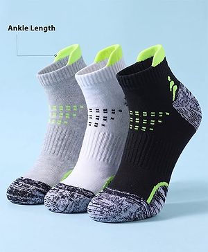 Pine Active Cotton Lycra Knit Terry Breathable Ankle Length Athletic Socks Pack of 3 - White, Grey & Black