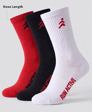 Pine Active Cotton Lycra Knit Terry Breathable Knee Length Football Socks With Text Design Pack of 3 - White, Black & Red