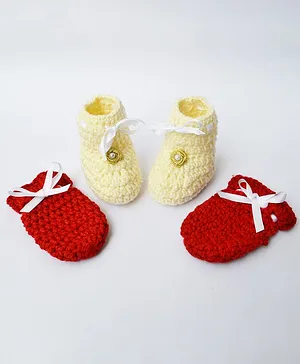 Love Crochet Art Flower Applique Booties & Mittens Set - Red & Cream