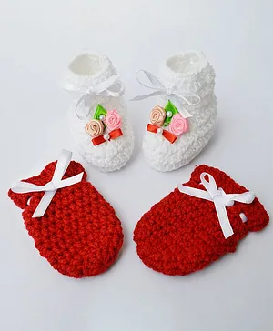 Love Crochet Art Flower Applique & Lace Design Booties & Mittens Set - Red & White