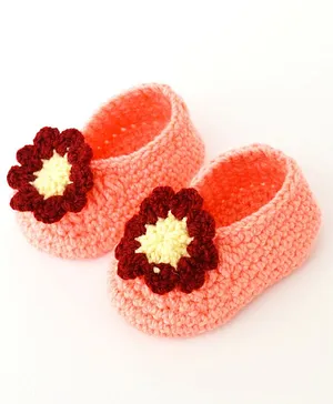 Love Crochet Art Flower Applique Booties - Peach
