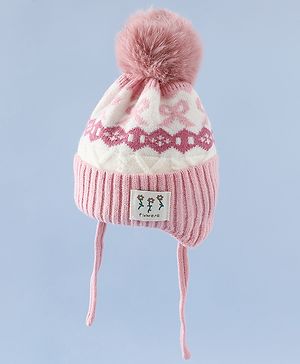 Babyhug Woollen Cap with Pom Pom & Ear with Bow Design Pink - Diameter 18.5 cm
