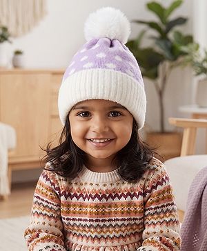 Babyhug Woollen Cap with Polka Dots & Pom Pom in Purple - Diameter 17 cm