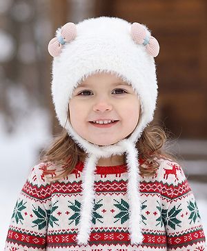 Babyhug Woollen Cap with Knot & Bow Applique White - Diameter 16.5 cm