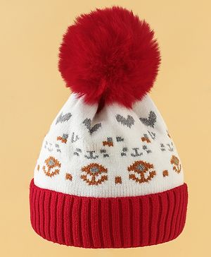 Babyhug Woollen Cap with Heart Print & Pom Pom in Red - Diameter 16.5 cm