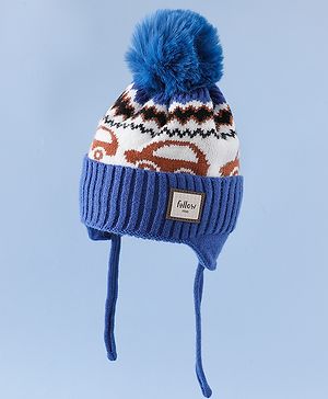 Babyhug Woollen Cap with Pom Pom & Knot with and Vehicle & Geometric Design Blue - Diameter 18.5 cm