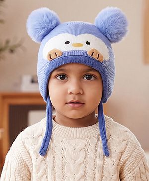 Babyhug Viscose Woollen Cap with Knot, Ear & Pom Pom and Penguin Print & Applique Blue - Diameter 22 cm