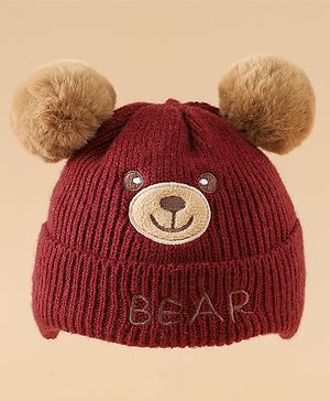 Babyhug Woollen Pom Pom Cap With Bear Design Brown - Diameter 11 cm