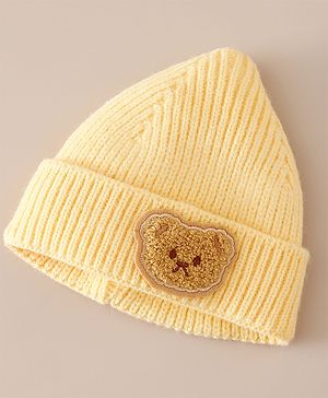 Babyhug Woollen Cap with Bear Applique Yellow - Diameter 16 cm