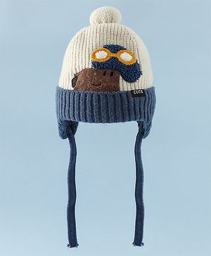 Babyhug Woollen Cap with Pom Pom & Knot Off White - Diameter 14.5 cm