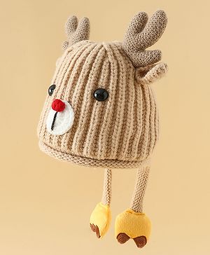 Babyhug Woollen Cap with Knot & Reindeer Applique Beige - Diameter 18 cm