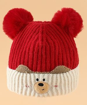 Babyhug Woollen Pom Pom Cap With Puppy Design Red - Diameter 11 cm