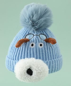 Babyhug Woollen Cap with Pom Pom & Animal Applique in Sky Blue - Diameter 16 cm