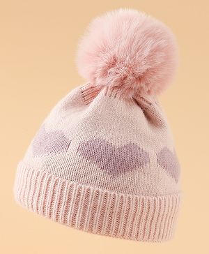 Pine kids Woollen Cap with Pom Pom & Heart Applique in Pink - Diameter 14.5 cm