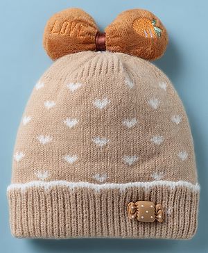 Babyhug Woollen Cap with Candy Bow Applique & Heart Design Beige - Diameter 9 cm