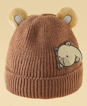 Babyhug Woollen Cap with Ear & Bear Applique in Brown Diameter - 15 cm