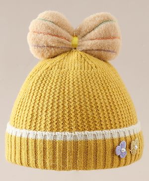 Babyhug Woollen Cap With Floral Applique Bow On Top Yellow - Diameter 9 cm