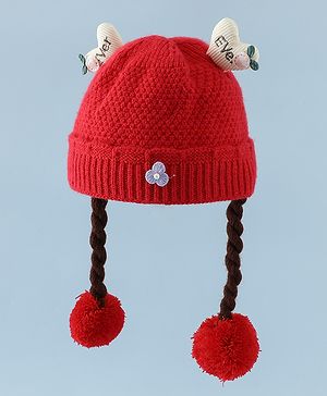 Babyhug Woollen Cap With Flower Applique in Red - Diameter 16 cm