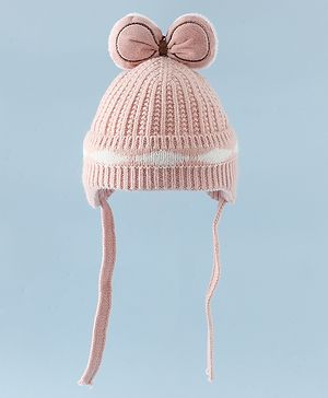 Babyhug Woollen Cap with Knot & Bow Applique in Pink Diameter - 16.5 cm