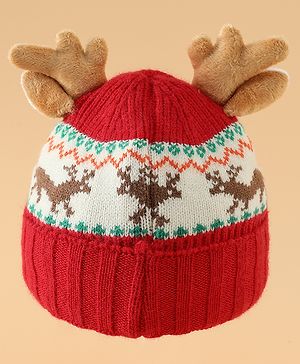 Babyhug Woollen Cap with Reindeer Applique in Red - Diameter 14 cm