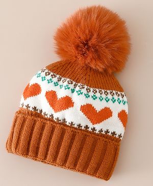 Babyhug Woollen Cap With Heart Design in Orange - Diameter 14.5 cm
