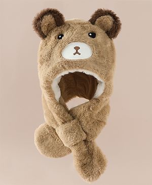 Babyhug Woollen Cap with Knot & Bear Applique in Brown - Diameter 33 cm