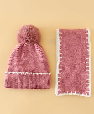 Pine Kids Solid Woollen Cap & Muffler Pink-Diameter 19 cm