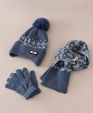 Pine Kids Woollen Cap Gloves & Muffler With Floral Design in Blue - Diameter 17 cm