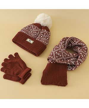 Pine Kids Woollen Cap Gloves & Muffler With Geometric Design in Brown- Diameter 18 cm