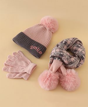 Pine Kids Woollen Cap With Smile Text Embroidery Gloves & Muffler in Pink - Diameter 18.5 cm