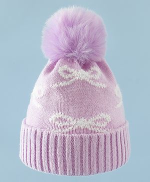 Babyhug Woollen Cap with Bow Print - Purple