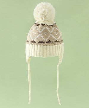 Babyhug Woollen Cap with Knot & Pom Pom with Geometric Design Khaki - Diameter 18.5 cm