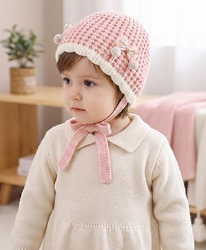 Babyhug Woollen Cap with Knot and Bow Applique Pink - Diameter 20 cm