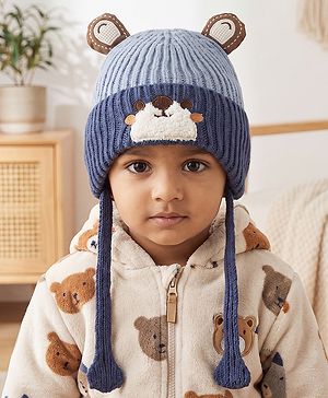 Babyhug Woollen Cap with Knot & Ear with Bear Patch Blue - Diameter 15.5 cm