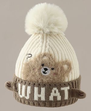 Babyhug Woollen Cap with Pom Pom & Bear Patch Brown - Diameter 17.5 cm