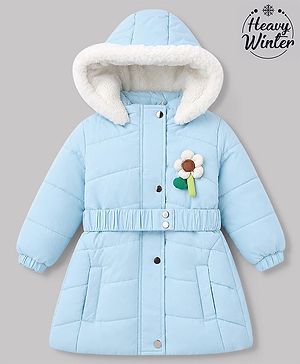 Babyhug Woven A-Line Winter Jacket with Full Sleeves and Floral Applique - Sky Blue