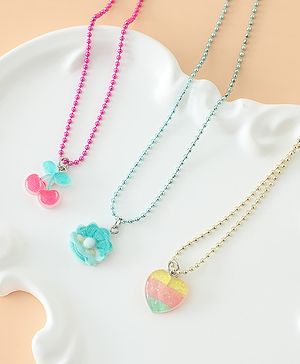 Babyhug Free Size Resin Necklace Set with Cherry, Shell & Heart Charm Pack of 3 - Pink Turquoise Yellow