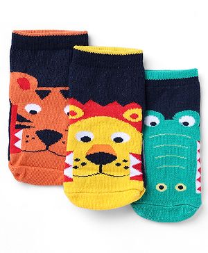 Cute Waik by Babyhug Knit Ankle Length Antibacterial Socks With Animal Design Pack of 3 - Red Yellow Green