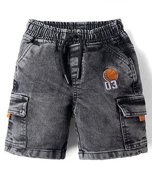 Babyhug Comfort Fit Above Knee Length Denim Bermuda with Stretch and Basketball Embroidery - Black