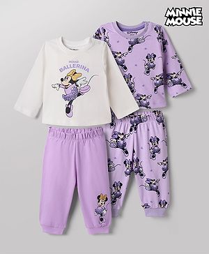 Babyhug Disney 100% Cotton Single Jersey Knit Full Sleeves Co-ord T-Shirt & Pajama Night Suit with Minnie Mouse Graphic & Hearts Print Pack of 2 - White & Lilac