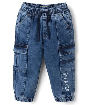 Babyhug Denim Full Length Joggers with Team Player Print in Blue for 9-12 Months