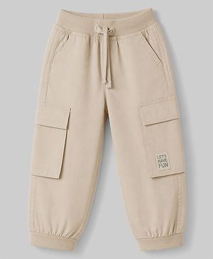 Babyhug Poplin 100% Cotton Woven Full Length Trousers with Text Patch & Cargo Pockets - Beige